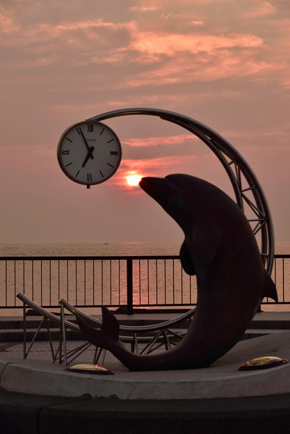 ノシャップ岬イルカの碑と夕陽