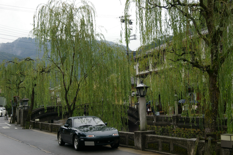 城崎温泉の川沿いに並ぶ柳の木とユーノスロードスター